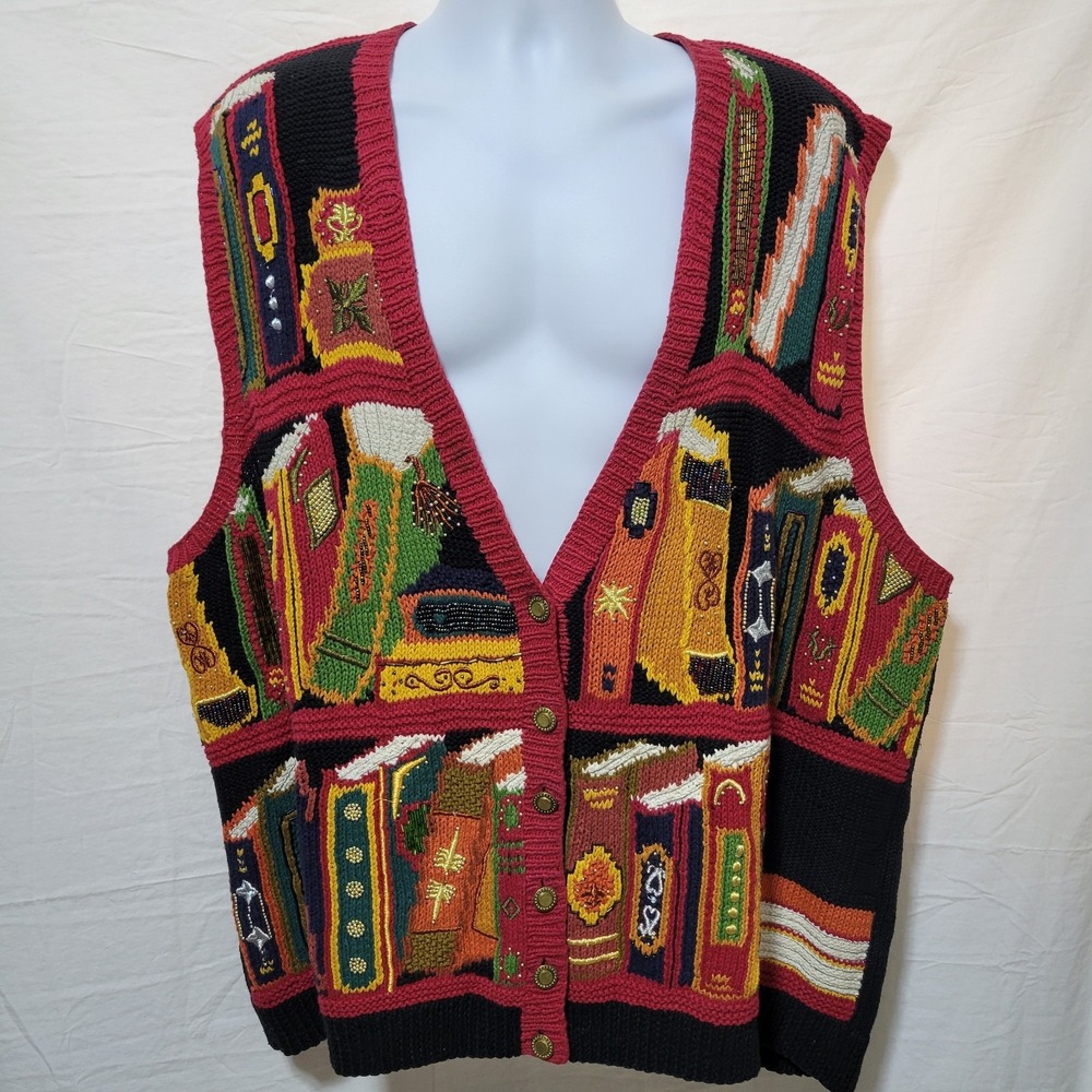Vtg Marisa Christina Sz 3X Hand Knit Sweater Vest Books Library Beaded Librarian